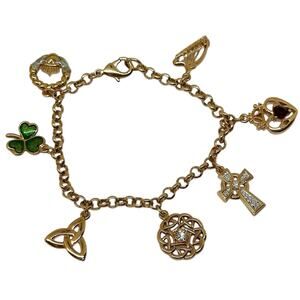 BROOKS & BENTLEY Vtg Gold-Tone Irish Blessings Charm Bracelet Clover Claddagh